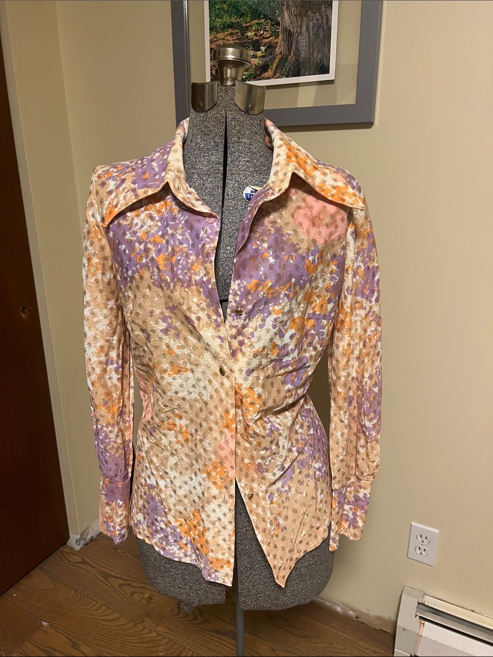 vintage metallic wide collar Button-Up Blouse in Lavender, Peach & Cream